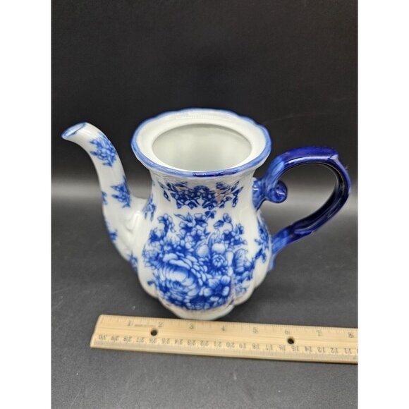 Flow Blue Ironstone Floral Teapot No Lid And Pair Of Teacups W/ Saucers Vintage - Picture 13 of 16